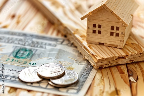 Wooden House Model with Coins and Dollar Bill on Wooden Boards photo