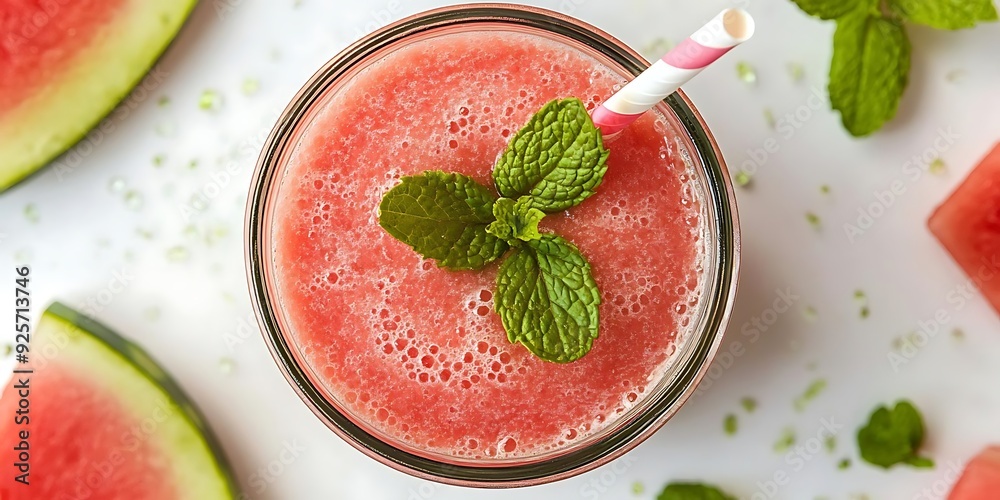 Watermelon Smoothie with Mint in Glass Jar with Straw - Food Photography Watermelon Smoothie with Mint in Glass Jar with Straw - Food Photography