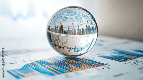 A 3D illustration of financial forecast, featuring a crystal ball with charts that symbolize predictions and future financial trends, set against a white backdrop with ample copy space. photo