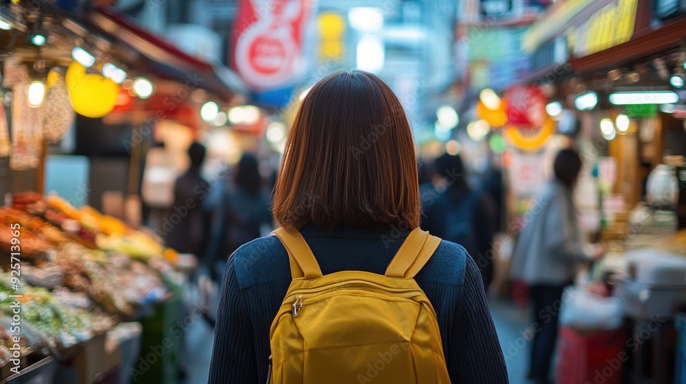 A woman is focused in the foreground as she walks through a Japanese street food market, with colorful stalls blurred in the background. A woman is focused in the foreground as she walks through a Japanese street food market, with colorful stalls blurred in the background.