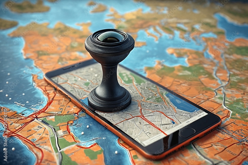 Smartphone with Map Application and Telescope Lens on Top