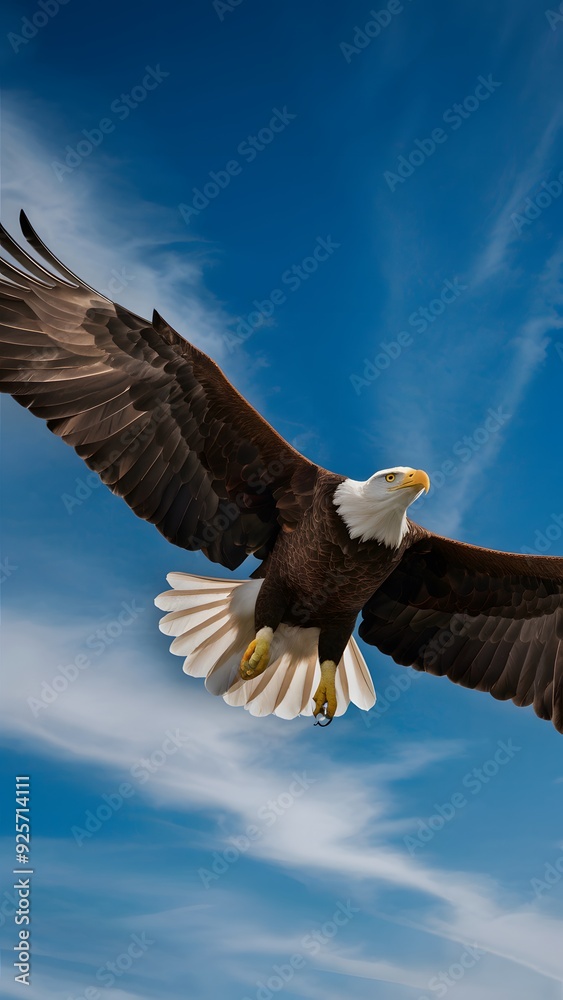 Fototapeta premium Harpy Eagle Flying with Blue Sky Background, Realistic Photo, Pattern Background, Wallpaper, Cover and Screen for Smartphone, Cell Phone, Computer, Laptop