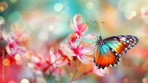 Colorful Butterfly and Pink Flower