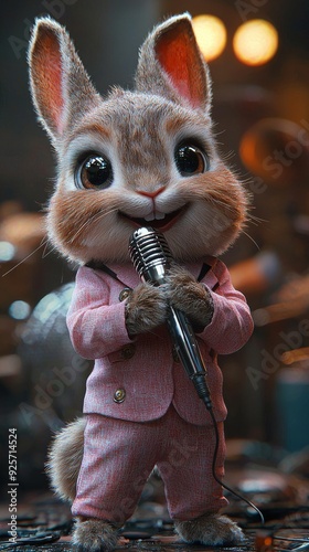 A close-up of a cheerful bunny in a pink suit, holding a vintage microphone. The bunny’s big eyes, friendly smile, and fluffy fur are illuminated by warm light, with a blurred, festive background