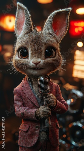 A close-up of a charming bunny in a red suit holding a vintage microphone, with warm, soft lighting and blurred background creating a cozy, inviting atmosphere