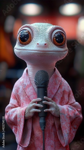 A close-up of a gecko in a pink robe holding a microphone, with large, expressive eyes and a blurred, softly lit background creating a charming and inviting atmosphere