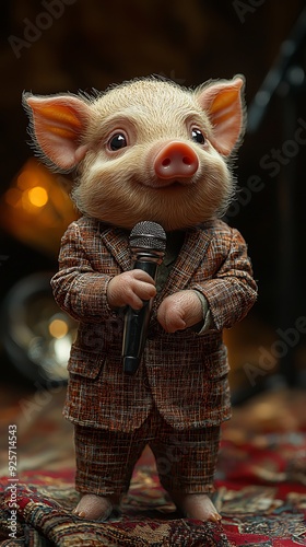 A close-up of a cute piglet in a plaid suit holding a microphone, standing on a patterned carpet with warm lighting and a blurred background, exuding charm and coziness