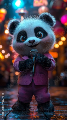 A close-up of a panda in a pink suit holding a microphone, with vibrant lighting and a blurred background, emphasizing its fluffy fur and joyful expression