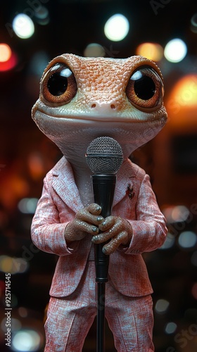 A close-up of a cute gecko in a pink suit holding a microphone, with large expressive eyes and soft, warm lighting in a blurred, inviting background