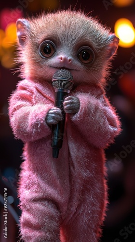 A close-up of a slow loris in a pink furry suit holding a microphone, with large expressive eyes and soft, warm lighting, creating a cute and endearing atmosphere