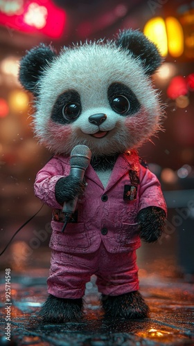 A close-up of a panda in a pink suit holding a microphone, with warm lighting and a blurred, festive background, highlighting its fluffy fur and cheerful expression