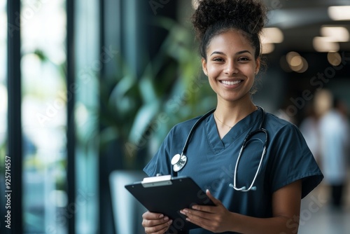 A smiling young female nurse in dark teal scrubs stands in a hospital corridor, holding a clipboard. The background features soft lighting and greenery, highlighting her cheerful demeanor