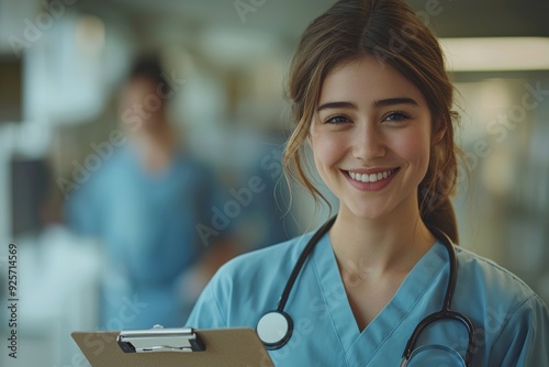 A smiling young female nurse in light blue scrubs stands in a hospital setting, holding a clipboard. The background is softly blurred, highlighting her friendly and approachable demeanor