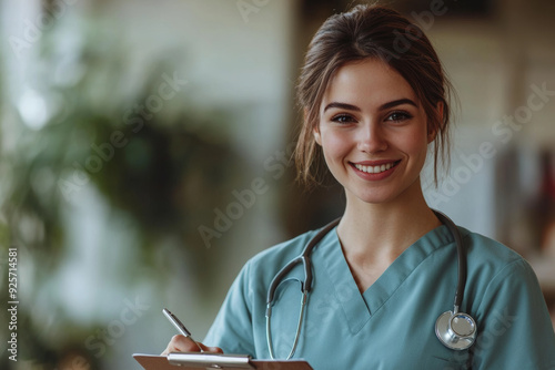 A smiling young female nurse in light teal scrubs holds a clipboard in a hospital setting. The background is softly blurred with warm tones, focusing on her friendly and professional demeanor