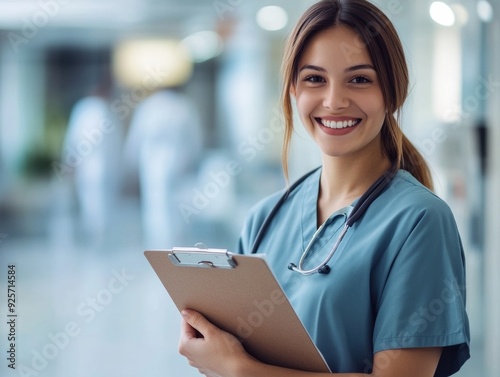 A smiling young female nurse in teal scrubs stands in a brightly lit hospital hallway, holding a clipboard. The background is softly blurred, emphasizing her welcoming and caring demeanor