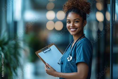 A smiling young female nurse in navy blue scrubs stands in a hospital corridor, holding a clipboard. The background is softly blurred, focusing on her cheerful and approachable expression