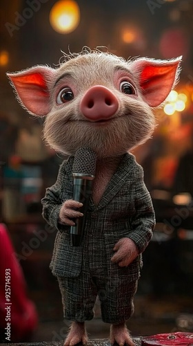 Cute piglet in a dark plaid suit, holding a microphone. The piglet's expressive eyes and slight smile create a charming appearance, with warm bokeh lights softly illuminating the background