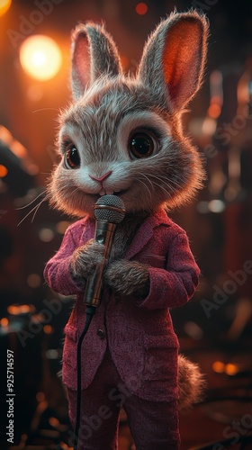 Adorable bunny in a pink suit, holding a microphone. The bunny's large, expressive eyes and fluffy fur are highlighted by soft, warm lighting and blurred background lights, creating a cozy atmosphere