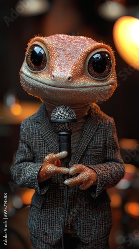 Close-up of a gecko in a tweed suit holding a microphone. The image features intricate details of the lizard's scales and the texture of the suit, with warm, soft lighting