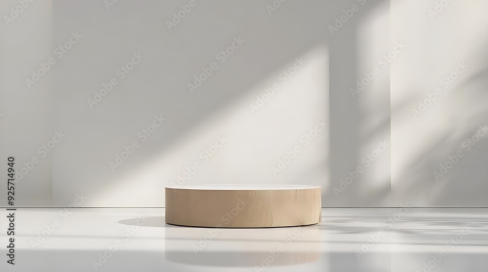 Minimalist Wooden and White Display Stand on Light Background Minimalist Wooden and White Display Stand on Light Background