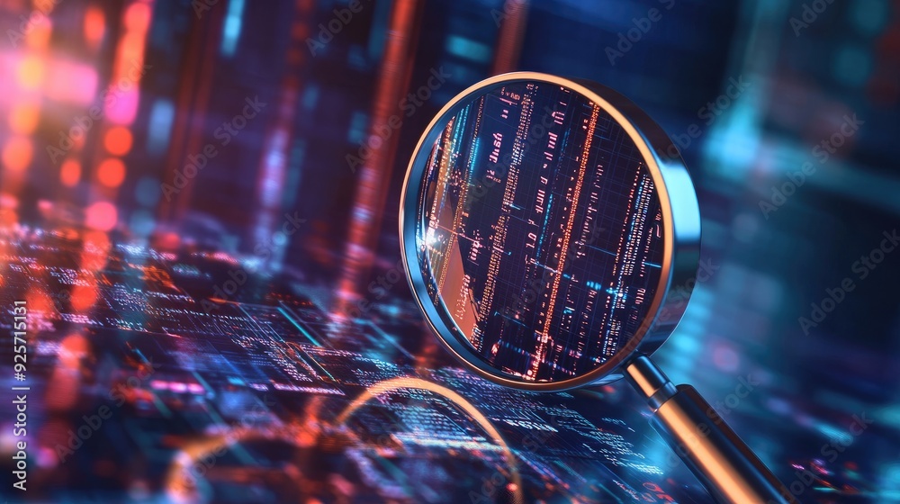 Abstract IT Security Risk Assessment concept with a magnifying glass over a document, against a digital backdrop emphasizing scrutiny. - Abstract IT Security Risk Assessment concept with a magnifying glass over a document, against a digital backdrop emphasizing scrutiny. -