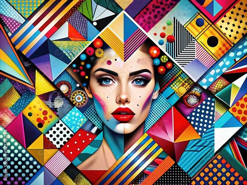 Pop Art Abstraction: Geometric patterns and fragmented pop art elements blended with abstract compositions. photo