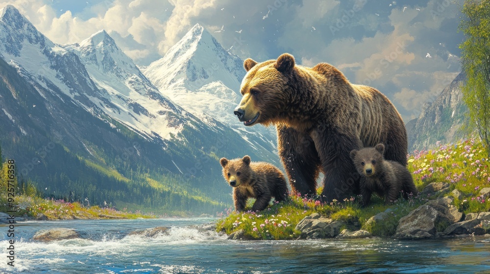 Fototapeta premium Bear Family in a Mountain Valley