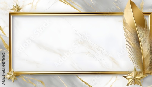 golden frame template with feather and marble background