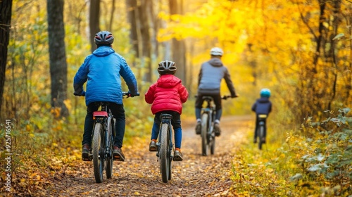 Joyful Family Cycling Adventure: Parents and Children Embracing Nature on a Forest Trail in Autumnal Splendor
