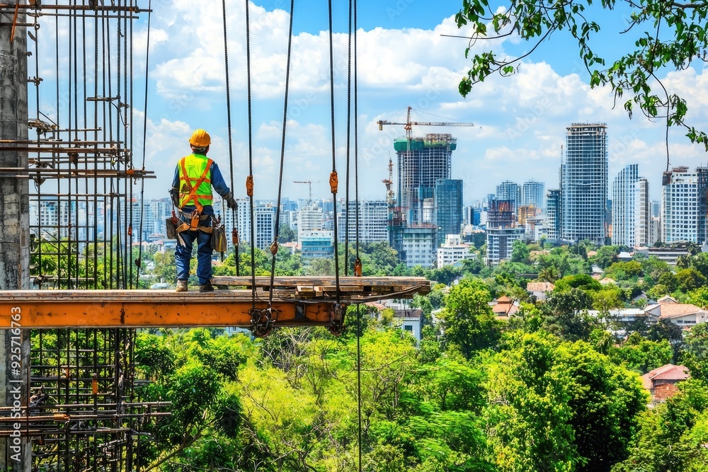 A construction worker stands on scaffolding overlooking a city skyline, blending urban development and nature's greenery. A construction worker stands on scaffolding overlooking a city skyline, blending urban development and nature's greenery.