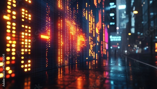 3D rendering of a digital data visualization background with glowing pixel blocks on the wall in a. Digital stock market, trading board, or infographics concept. 