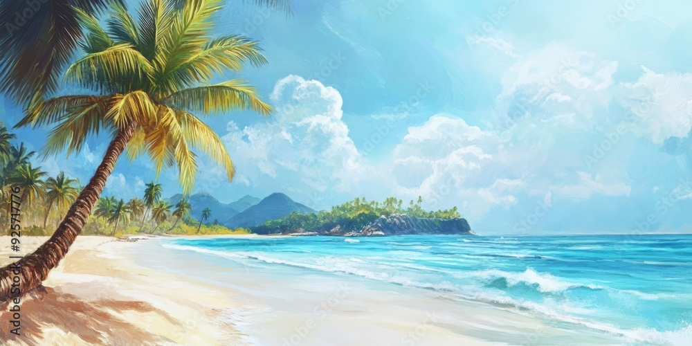 Fototapeta premium Tropical Island Bliss: A Lively and Serene Beach Illustration with Palm Trees Sway to the Ocean's Melody