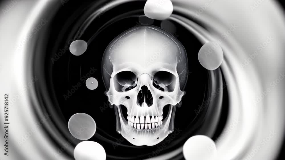 A black and white human skull, surrounded by swirling, abstract light patterns. X-ray scull. Logo, intro, halloween background