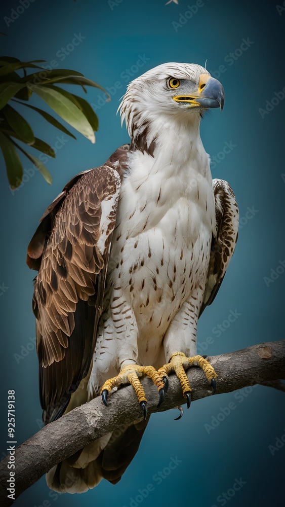 Harpy Eagle Perched on a Branch on a Blue Background, Realistic Photo, Pattern Background, Wallpaper, Cover and Screen for Smartphone, Cell Phone, Computer, Laptop Harpy Eagle Perched on a Branch on a Blue Background, Realistic Photo, Pattern Background, Wallpaper, Cover and Screen for Smartphone, Cell Phone, Computer, Laptop