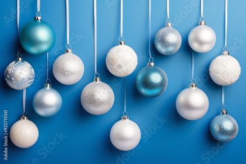 White and Blue Christmas Ornaments Hanging on Blue Background