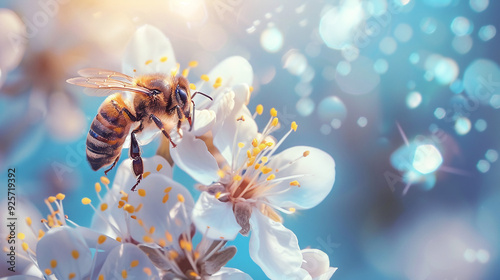 Honey bee collecting pollen at white flower.