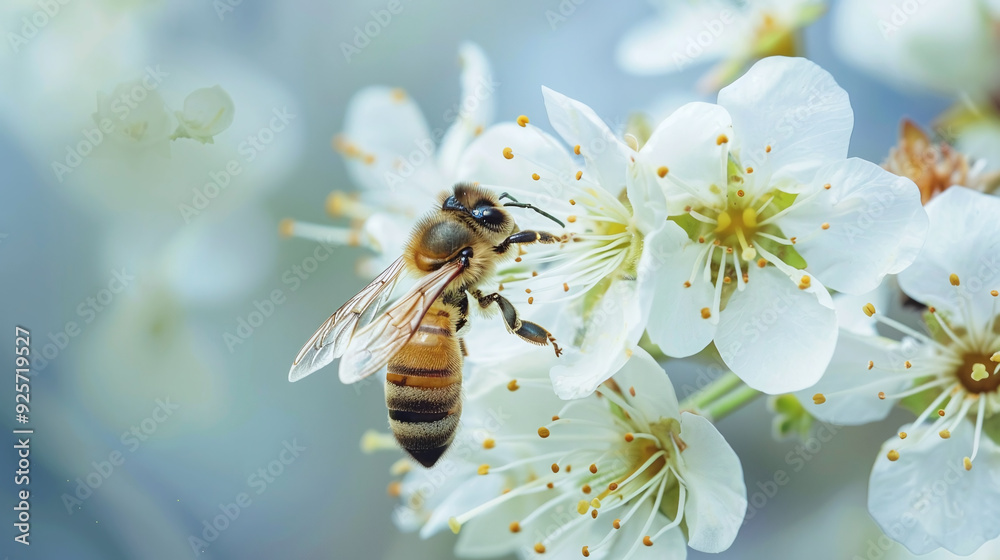 Honey bee collecting pollen at white flower. Honey bee collecting pollen at white flower.