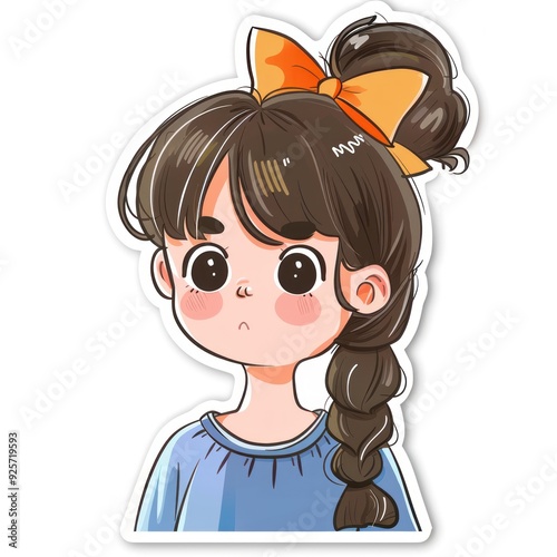 A cartoon girl with a braid and an orange bow, looking thoughtful.