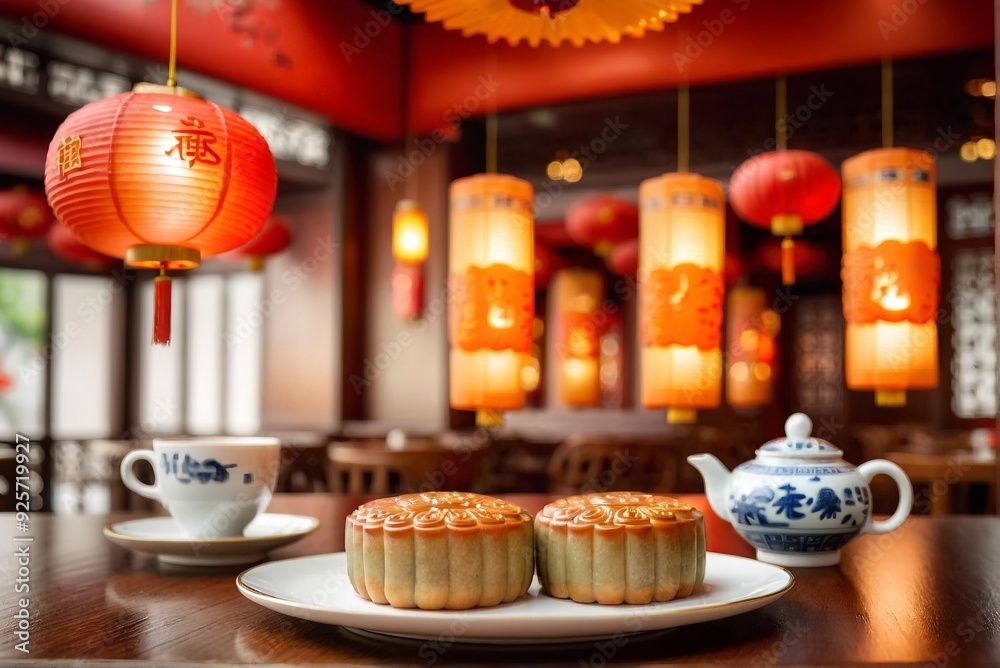 Premium mooncakes served on the table in the luxury Chinese restaurant with copy space Premium mooncakes served on the table in the luxury Chinese restaurant with copy space