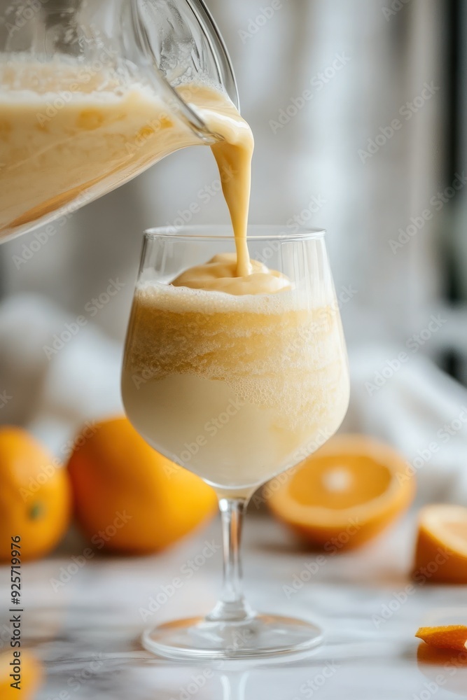 A refreshing orange smoothie being poured into a glass, surrounded by fresh oranges. A refreshing orange smoothie being poured into a glass, surrounded by fresh oranges.