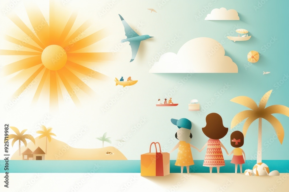 Vibrant Vector Collage of Family Vacation Brochures and Beach Scenes with Hand-drawn Travel Icons in Bright Hues Vibrant Vector Collage of Family Vacation Brochures and Beach Scenes with Hand-drawn Travel Icons in Bright Hues