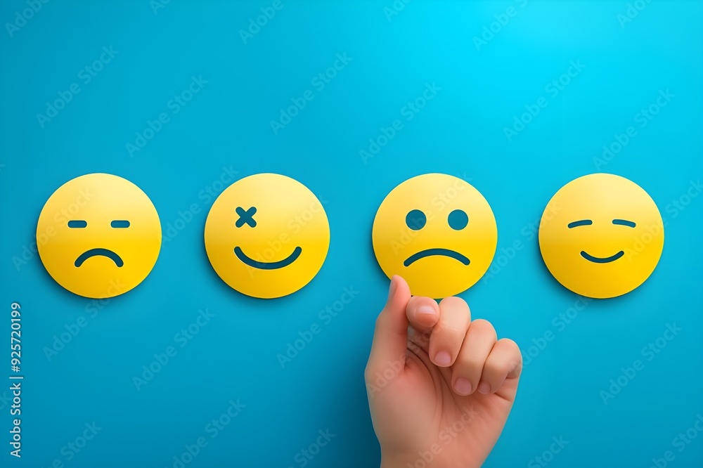 Hand touching happy face symbol on blue background with other smiley faces and frowns for customer service experience. Hand touching happy face symbol on blue background with other smiley faces and frowns for customer service experience.