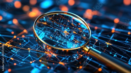 Wallpaper Mural Network Search Optimization - 3D magnifying glass zooms in on intricate digital network concept. Torontodigital.ca