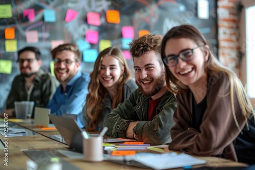 A diverse and friendly group of professionals having a meeting in a cozy office ambiance with natural lighting. Generated AI