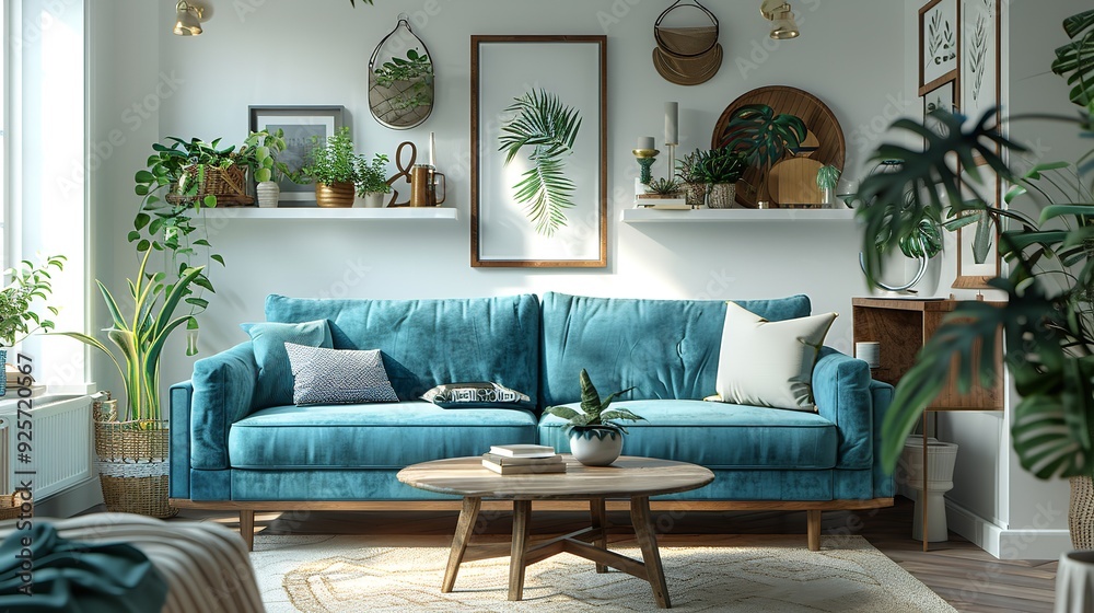 Fototapeta premium blue sofa and white wall in modern living room