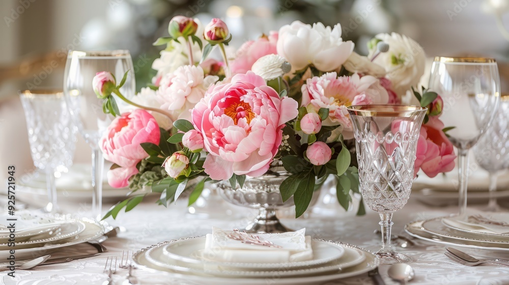 Holiday tablescape, formal dinner table setting, peony flowers table scape with peonies decoration for wedding party and event celebration Holiday tablescape, formal dinner table setting, peony flowers table scape with peonies decoration for wedding party and event celebration