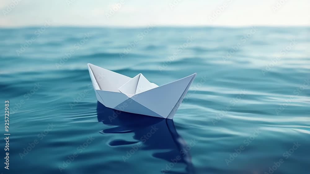 A serene paper origami boat floats on calm blue water, symbolizing tranquility A serene paper origami boat floats on calm blue water, symbolizing tranquility
