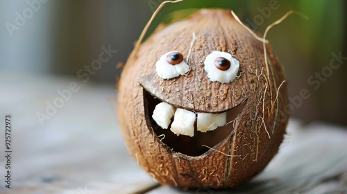 A playful coconut with a smiling face made from various materials.