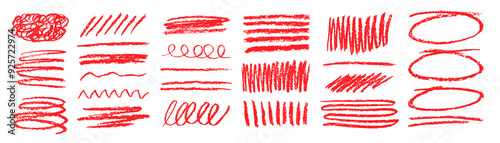 Red scrawl strokes isolated on white background. Set of hand drawn scribble different forms. Rough charcoal strokes. Vector grunge brushes. Elements for notes