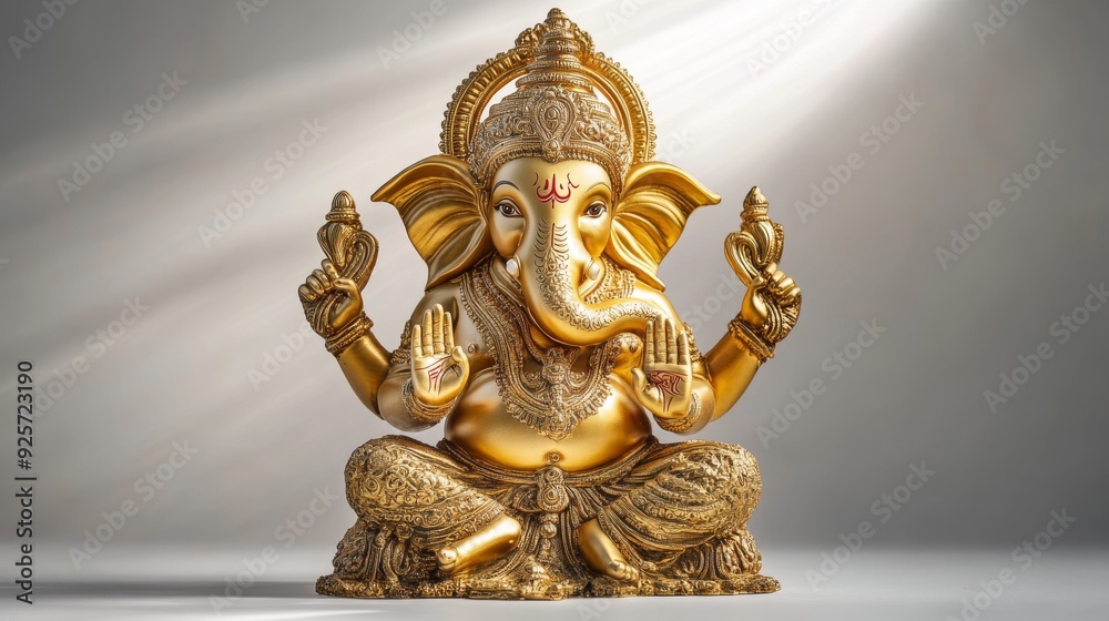 (Horizontal)The golden Ganesha statue is shimmering with the surrounding supernatural light. The background is filled with soft, glowing light, creating a magical and divine aura. (Horizontal)The golden Ganesha statue is shimmering with the surrounding supernatural light. The background is filled with soft, glowing light, creating a magical and divine aura.